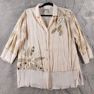 Vintage Usindo Top Shirt Womens Large Floral Boho Beaded Fairycore Flowy Ruffles